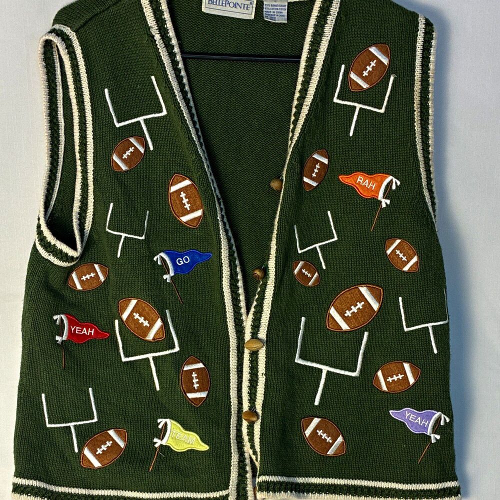 Bellepointe Women’s L Green Knit Novelty Football V-Neck Sweater Vest Ramie